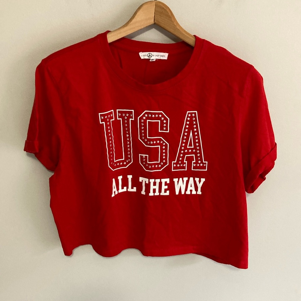 Love & Lazy Days Red USA Crop Top, Size XL extra large white letters silver star
